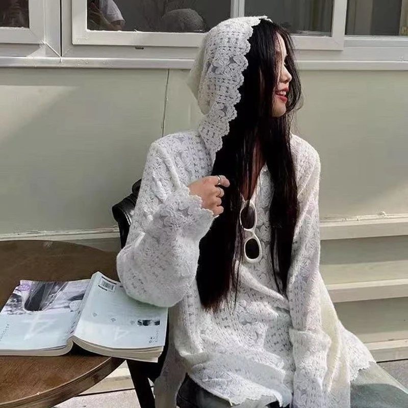 Y2K Winter Clothing - Y2K Кружевные рубашки с капюшоном Женская