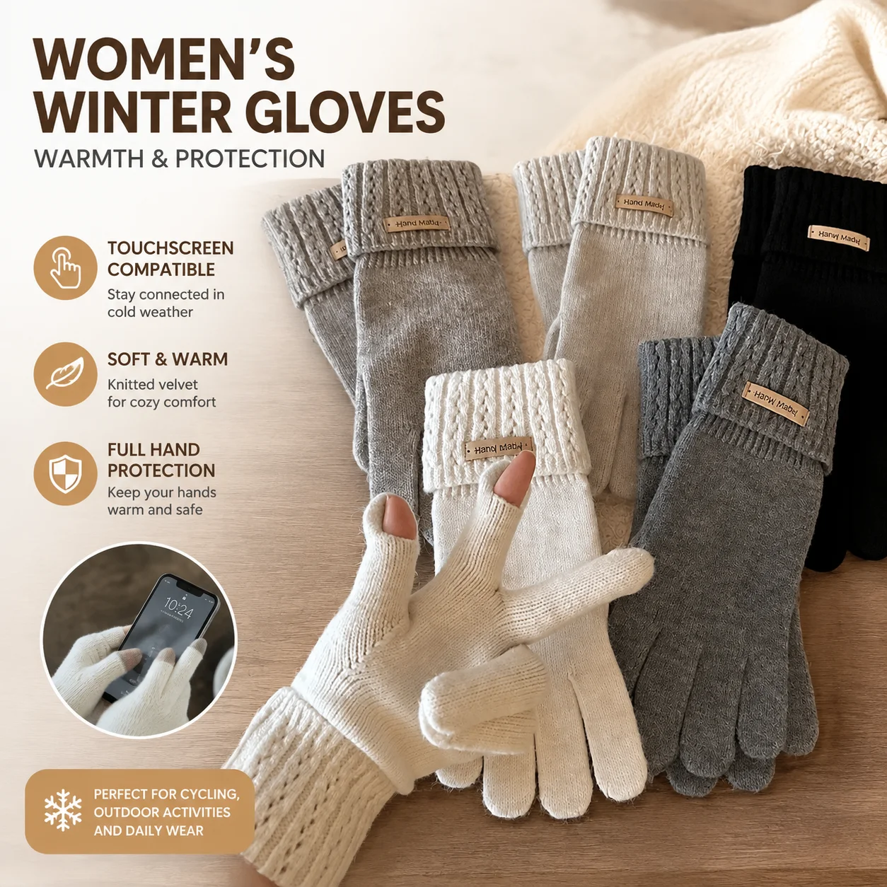 Knit Glove Touch Screen - Женские перчатки с сенсорным экраном, полнопальцевые,
